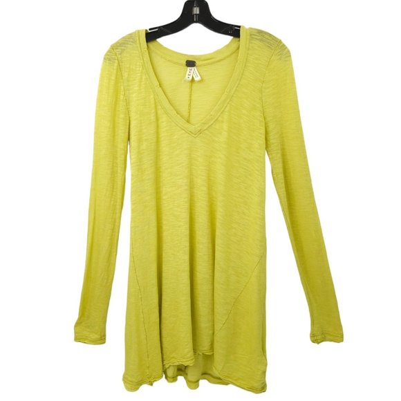 Free People We The Free T Shirt Womens M Yellow V Neck Distressed Long Sleeve - Picture 1 of 16